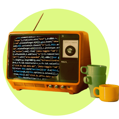 A colourful retro TV with code across the screen.