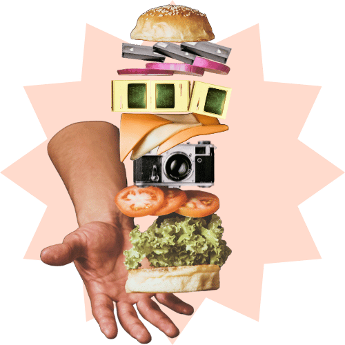 A sectioned Burger, with computers, cameras and tape replacing some classic ingredients of a burger